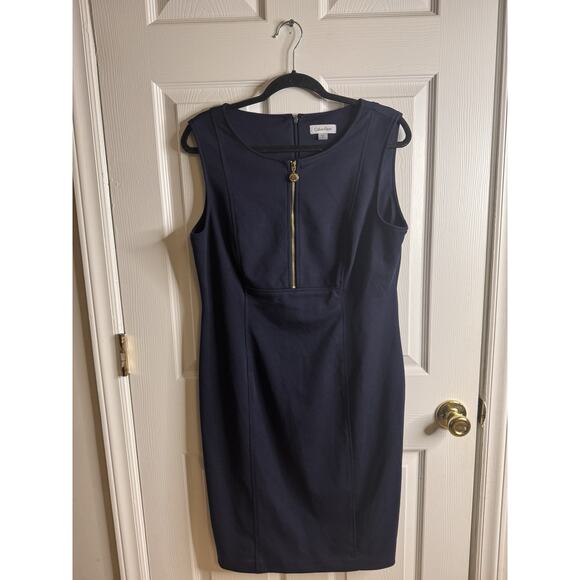 Calvin Klein Navy Blue Sheath Dress Women’s Size 14 Zip Front Sleeveless - Picture 1 of 6